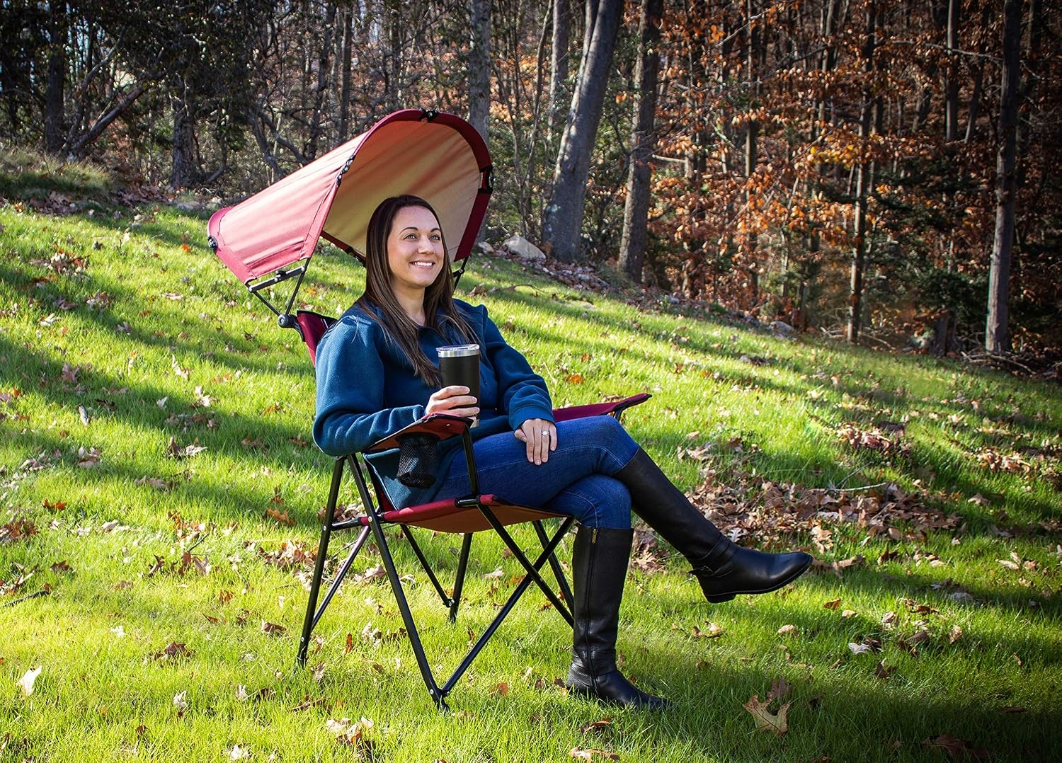 image:imageGCI Outdoor Comfort Pro Camping Chair Collapsible Folding Chair with Durable Armrests Drink Holder amp Portable Carry Bag Heathered RoyalCinnamon Red